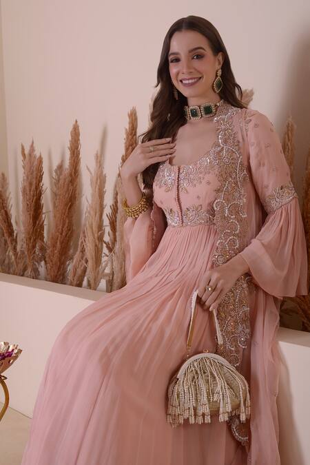 Surabhi Arya_Pink Organza, Georgette Sequins, Gota Floral Bodice Anarkali Gown With Jacket _at_Aza_Fashions