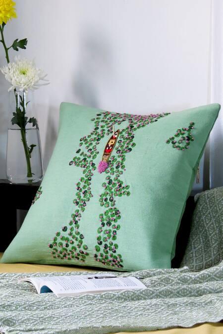 Mid July Home_Green Premium Cotton French Knots, Lotus Serenity Embroidered Cushion Cover_Online_at_Aza_Fashions