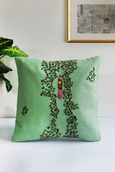 Buy_Mid July Home_Green Premium Cotton French Knots, Lotus Serenity Embroidered Cushion Cover_Online_at_Aza_Fashions