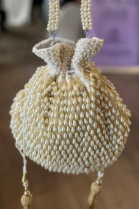 Shop_House Of Kosha_Ivory Pearls Adara Beaded Potli Bag _at_Aza_Fashions