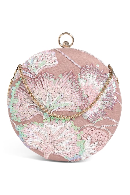 Richa Gupta Pink Sequin Suede Floral Embroidered Clutch 