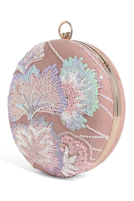 Richa Gupta Pink Sequins Suede Floral Embroidered Clutch Online at Aza Fashions Richa Gupta_Pink Sequins Suede Floral Embroidered Clutch_Online_at_Aza_Fashions