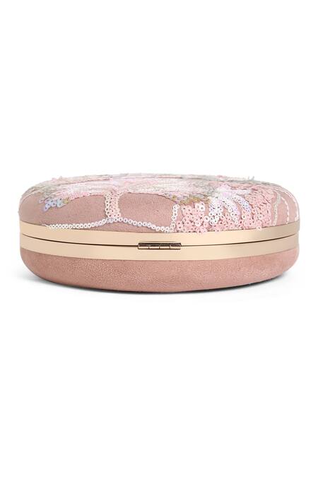 Richa Gupta Pink Sequins Suede Floral Embroidered Clutch at Aza Fashions Richa Gupta_Pink Sequins Suede Floral Embroidered Clutch_at_Aza_Fashions