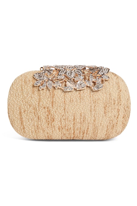 Richa Gupta_Gold Stones Textured Bejewelled Clasp Clutch _Online_at_Aza_Fashions