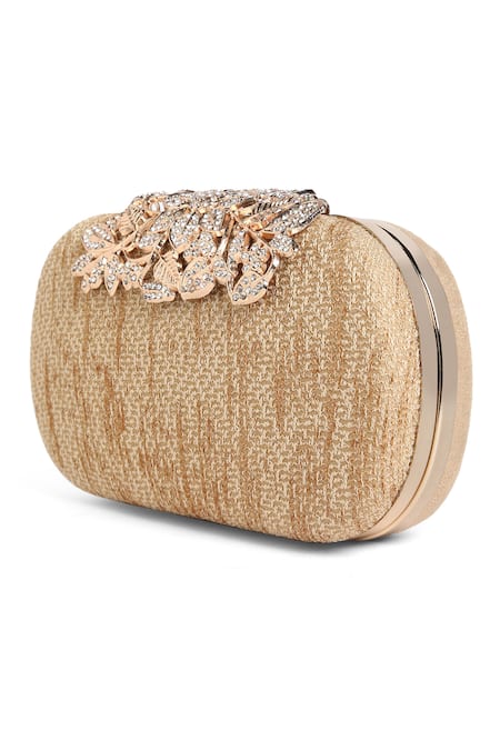 Shop_Richa Gupta_Gold Stones Textured Bejewelled Clasp Clutch _Online_at_Aza_Fashions