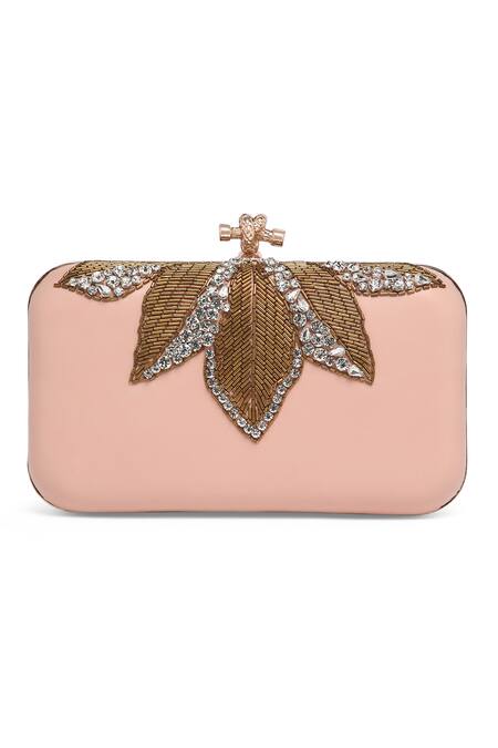 Richa Gupta_Pink Cut Work, Stones Suede Placement Embroidered Clutch _Online_at_Aza_Fashions
