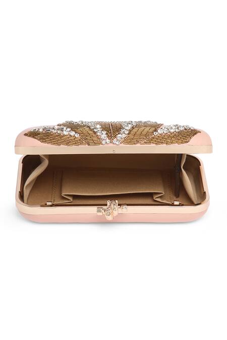 Shop Richa Gupta Pink Cut Work, Stones Suede Placement Embroidered Clutch Shop_Richa Gupta_Pink Cut Work, Stones Suede Placement Embroidered Clutch