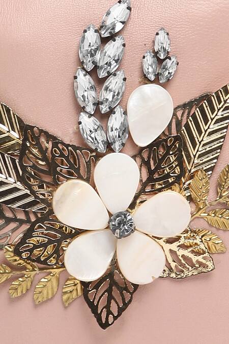 Richa Gupta_Pink Stones, Embroidery Suede Floral Motif Clutch _Online_at_Aza_Fashions