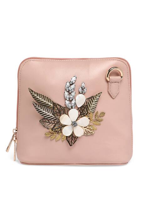 Buy_Richa Gupta_Pink Stones, Embroidery Suede Floral Motif Clutch _Online_at_Aza_Fashions