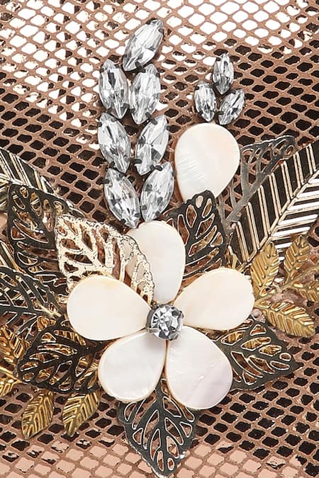 Richa Gupta_Gold Stones Metallic Floral Motif Clutch_Online_at_Aza_Fashions