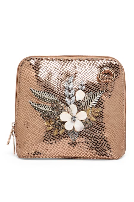 Buy_Richa Gupta_Gold Stones Metallic Floral Motif Clutch_Online_at_Aza_Fashions