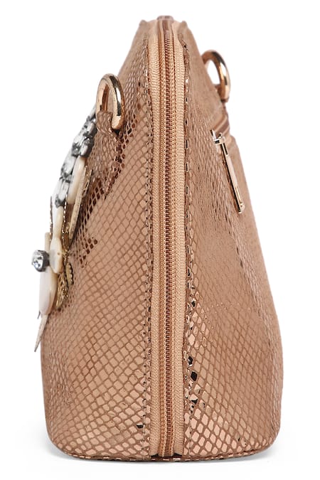 Richa Gupta_Gold Stones Metallic Floral Motif Clutch_at_Aza_Fashions