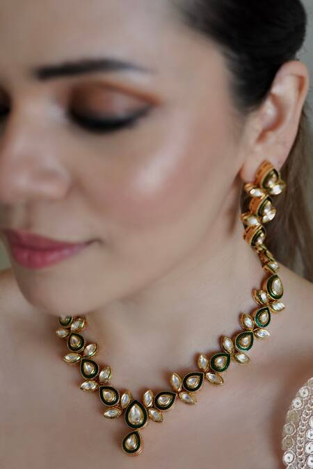 Anana_Green Diamonds, Stones Amruta Tear Drop Carved Necklace Set _Online_at_Aza_Fashions
