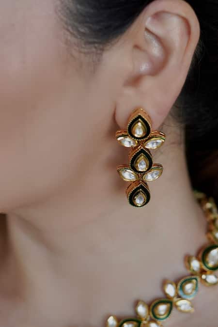 Buy_Anana_Green Diamonds, Stones Amruta Tear Drop Carved Necklace Set _Online_at_Aza_Fashions