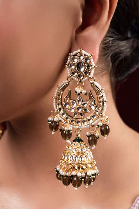 Anana_Green Pearls, Metallic Ishita Half Crescent Carved Maangtikka And Earrings Set _Online_at_Aza_Fashions