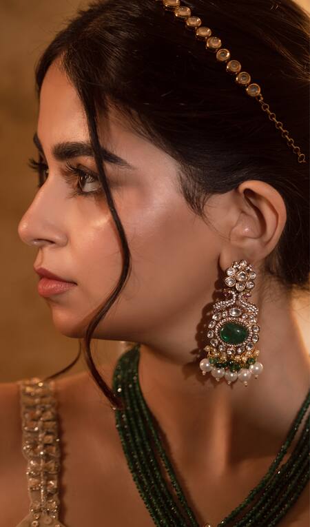 Anana_Green Beads, Diamonds, Stones Karishma Moissanite Polki Studded Necklace Set _Online_at_Aza_Fashions