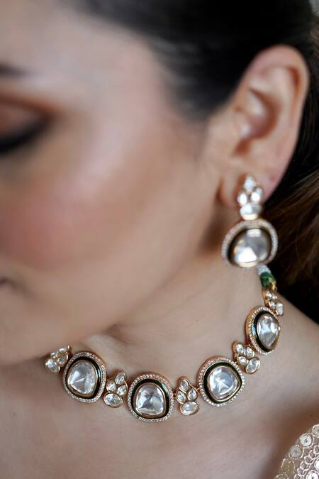 Anana_Green Metallic Thread, Stones Mahek Kundan Embellished Necklace Set _Online_at_Aza_Fashions