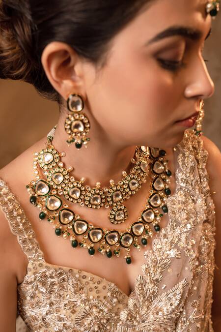 Shop_Anana_Green Metallic Thread, Stones Mastani Double Layered Jewellery Set _Online_at_Aza_Fashions