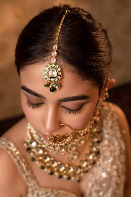 Anana_Green Metallic Thread, Stones Mastani Double Layered Jewellery Set _at_Aza_Fashions