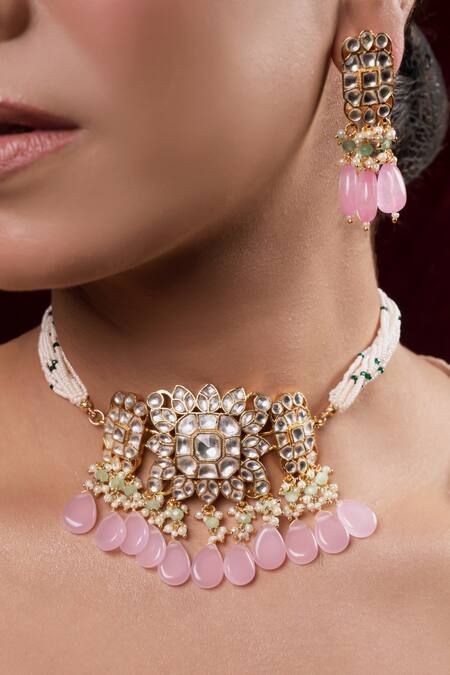 Shop Anana Pink Pearls, Metallic Thread Sheena Kundan Embellished Necklace Set at Aza Fashions Shop_Anana_Pink Pearls, Metallic Thread Sheena Kundan Embellished Necklace Set_at_Aza_Fashions