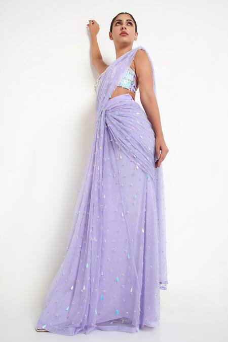 Disha Kahai_Purple Net Beads, Sequins Amelia Embellised Pre-draped Saree With Blouse_Online_at_Aza_Fashions