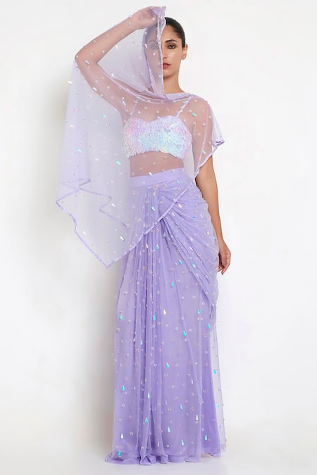 Buy_Disha Kahai_Purple Net Beads, Sequins Amelia Embellised Pre-draped Saree With Blouse_Online_at_Aza_Fashions