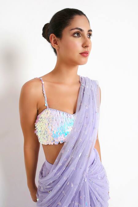 Shop_Disha Kahai_Purple Net Beads, Sequins Amelia Embellised Pre-draped Saree With Blouse_Online_at_Aza_Fashions