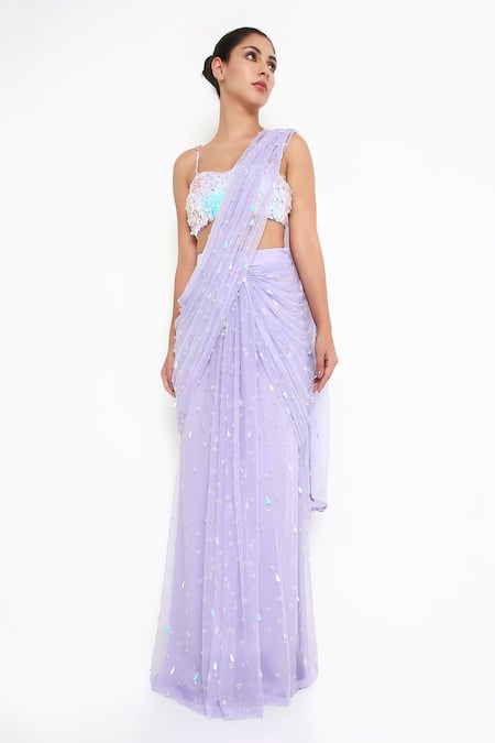Disha Kahai_Purple Net Beads, Sequins Amelia Embellised Pre-draped Saree With Blouse_at_Aza_Fashions