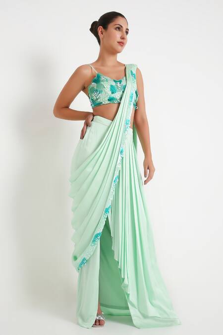 Disha Kahai Green Satin, Silk, Net Sequins Scoop Embellished Pre-draped Saree With Blouse Online at Aza Fashions Disha Kahai_Green Satin, Silk, Net Sequins Scoop Embellished Pre-draped Saree With Blouse_Online_at_Aza_Fashions