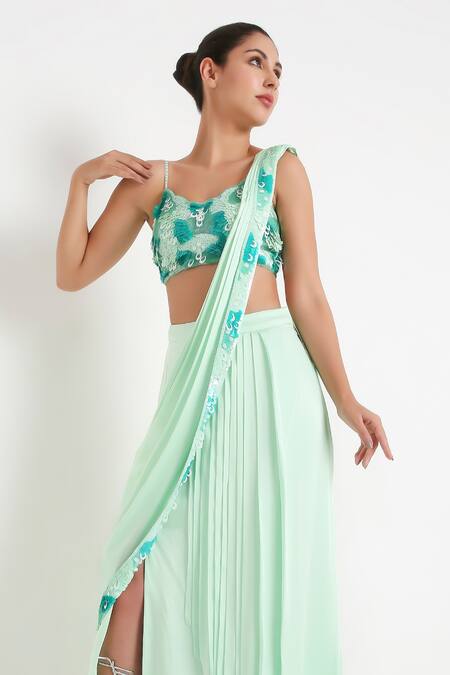 Buy Disha Kahai Green Satin, Silk, Net Sequins Scoop Embellished Pre-draped Saree With Blouse Online at Aza Fashions Buy_Disha Kahai_Green Satin, Silk, Net Sequins Scoop Embellished Pre-draped Saree With Blouse_Online_at_Aza_Fashions