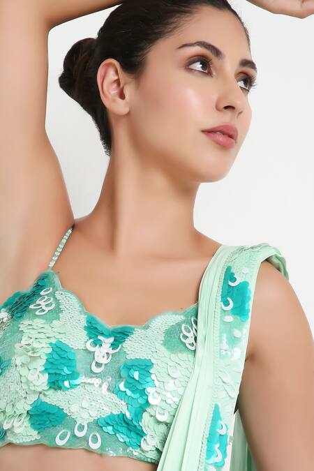 Shop Disha Kahai Green Satin, Silk, Net Sequins Scoop Embellished Pre-draped Saree With Blouse Online at Aza Fashions Shop_Disha Kahai_Green Satin, Silk, Net Sequins Scoop Embellished Pre-draped Saree With Blouse_Online_at_Aza_Fashions