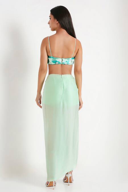 Shop Disha Kahai Green Net, Satin Sequins V-neck Kendall Draped Skirt Set at Aza Fashions Shop_Disha Kahai_Green Net, Satin Sequins V-neck Kendall Draped Skirt Set_at_Aza_Fashions