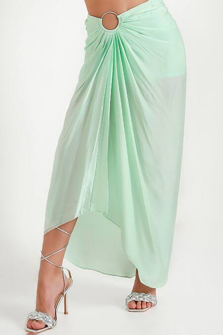 Disha Kahai Green Net, Satin Sequins V-neck Kendall Draped Skirt Set Online at Aza Fashions Disha Kahai_Green Net, Satin Sequins V-neck Kendall Draped Skirt Set_Online_at_Aza_Fashions