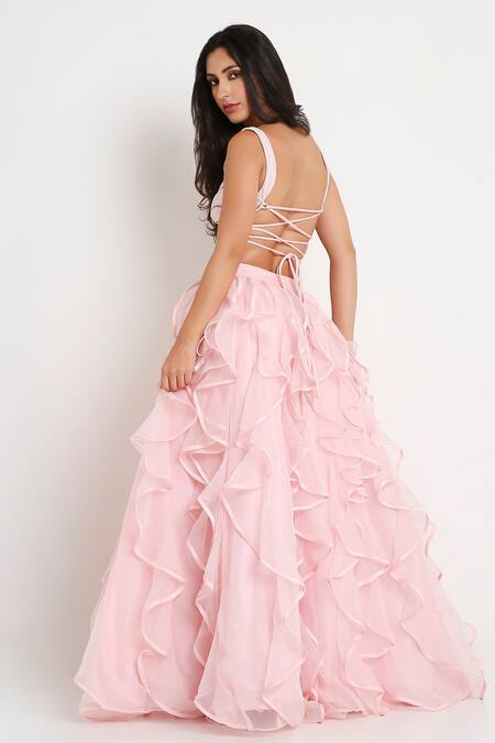 Shop Disha Kahai Pink Silk, Net, Organza Beads Sweetheart Monroe Structured Ruffle Lehenga Set at Aza Fashions Shop_Disha Kahai_Pink Silk, Net, Organza Beads Sweetheart Monroe Structured Ruffle Lehenga Set_at_Aza_Fashions