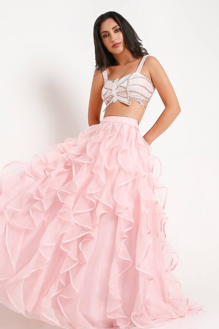 Disha Kahai Pink Silk, Net, Organza Beads Sweetheart Monroe Structured Ruffle Lehenga Set Online at Aza Fashions Disha Kahai_Pink Silk, Net, Organza Beads Sweetheart Monroe Structured Ruffle Lehenga Set_Online_at_Aza_Fashions