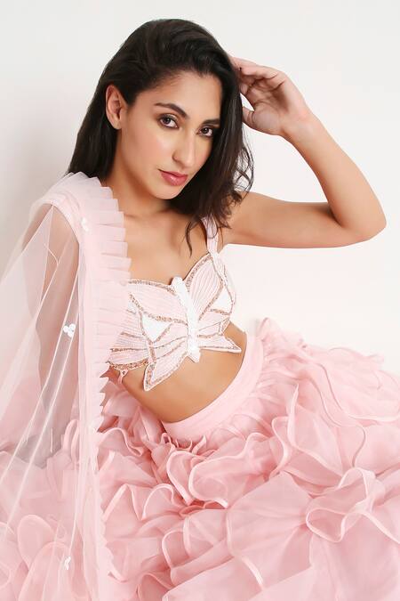 Buy Disha Kahai Pink Silk, Net, Organza Beads Sweetheart Monroe Structured Ruffle Lehenga Set Online at Aza Fashions Buy_Disha Kahai_Pink Silk, Net, Organza Beads Sweetheart Monroe Structured Ruffle Lehenga Set_Online_at_Aza_Fashions
