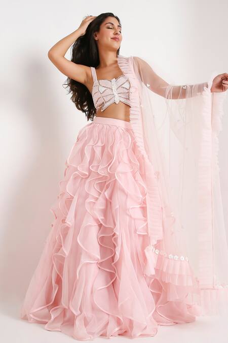 Shop Disha Kahai Pink Silk, Net, Organza Beads Sweetheart Monroe Structured Ruffle Lehenga Set Online at Aza Fashions Shop_Disha Kahai_Pink Silk, Net, Organza Beads Sweetheart Monroe Structured Ruffle Lehenga Set_Online_at_Aza_Fashions