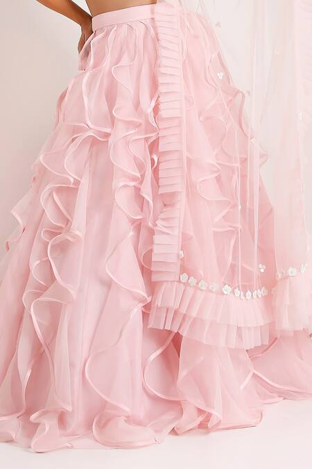 Disha Kahai Pink Silk, Net, Organza Beads Sweetheart Monroe Structured Ruffle Lehenga Set at Aza Fashions Disha Kahai_Pink Silk, Net, Organza Beads Sweetheart Monroe Structured Ruffle Lehenga Set_at_Aza_Fashions