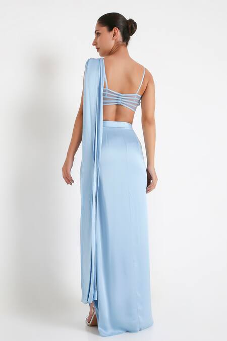 Shop Disha Kahai Blue Satin, Silk, Net Sequins, Stella Pre-draped Saree With Cutwork Blouse at Aza Fashions Shop_Disha Kahai_Blue Satin, Silk, Net Sequins, Stella Pre-draped Saree With Cutwork Blouse_at_Aza_Fashions