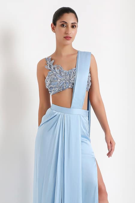 Disha Kahai Blue Satin, Silk, Net Sequins, Stella Pre-draped Saree With Cutwork Blouse Online at Aza Fashions Disha Kahai_Blue Satin, Silk, Net Sequins, Stella Pre-draped Saree With Cutwork Blouse_Online_at_Aza_Fashions