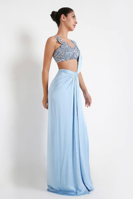Buy Disha Kahai Blue Satin, Silk, Net Sequins, Stella Pre-draped Saree With Cutwork Blouse Online at Aza Fashions Buy_Disha Kahai_Blue Satin, Silk, Net Sequins, Stella Pre-draped Saree With Cutwork Blouse_Online_at_Aza_Fashions