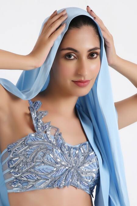 Buy Disha Kahai Blue Satin, Silk, Net Sequins, Stella Pre-draped Saree With Cutwork Blouse Buy_Disha Kahai_Blue Satin, Silk, Net Sequins, Stella Pre-draped Saree With Cutwork Blouse