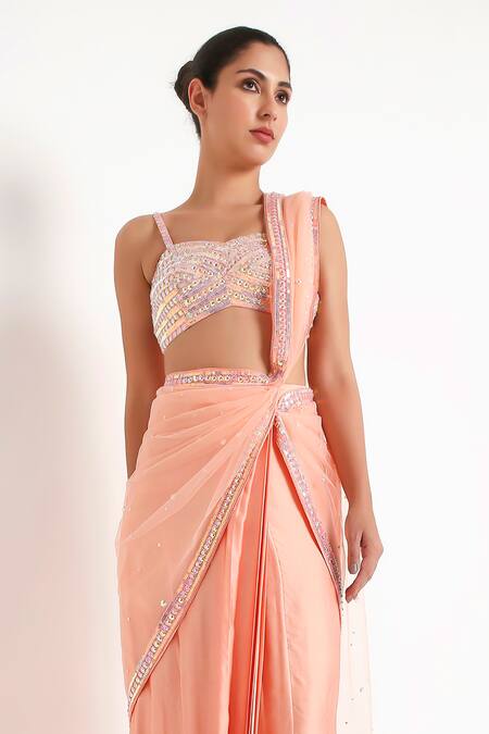 Disha Kahai_Peach Satin, Net Sequins, Beads Tyra Embellished Pre-draped Saree With Blouse_Online_at_Aza_Fashions