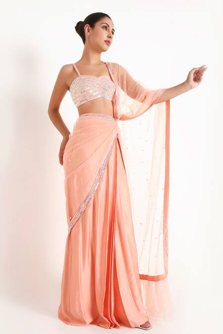Buy_Disha Kahai_Peach Satin, Net Sequins, Beads Tyra Embellished Pre-draped Saree With Blouse_Online_at_Aza_Fashions