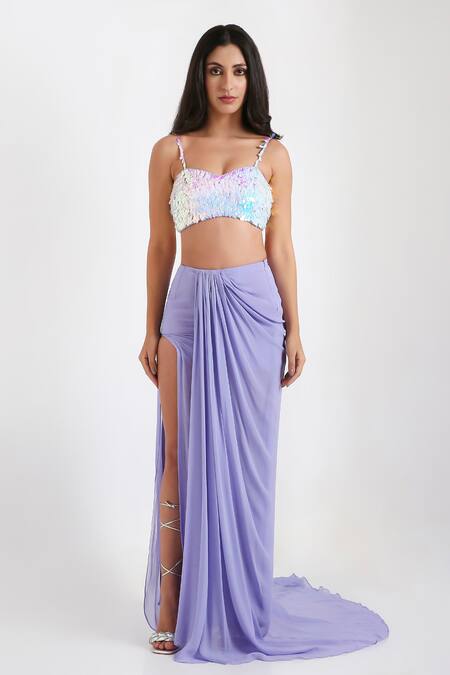 Disha Kahai_Purple Net, Georgette Sequins Viola Draped Skirt And Embellished Blouse Set_Online_at_Aza_Fashions