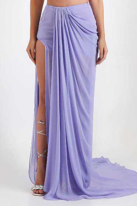 Buy_Disha Kahai_Purple Net, Georgette Sequins Viola Draped Skirt And Embellished Blouse Set_Online_at_Aza_Fashions
