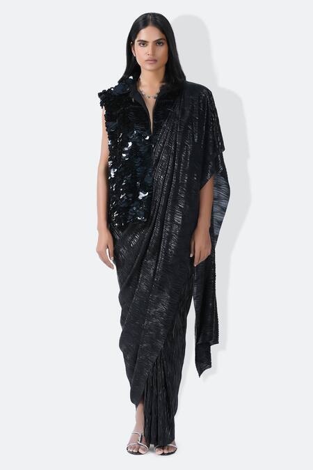 431-88 By Shweta Kapur_Black Cotton, Twill Sequins Collared Jacket_Online_at_Aza_Fashions