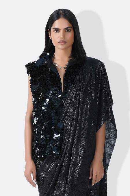 Buy_431-88 By Shweta Kapur_Black Cotton, Twill Sequins Collared Jacket_Online_at_Aza_Fashions