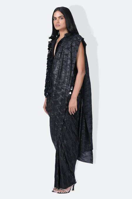 Shop_431-88 By Shweta Kapur_Black Cotton, Twill Sequins Collared Jacket_Online_at_Aza_Fashions