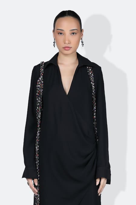 431-88 By Shweta Kapur_Black Crepe Collared Scarlet Wrap Dress _Online_at_Aza_Fashions